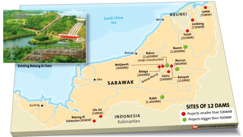 Sarawak dams A 3D map illustrates Sarawak, Malaysia's lush rainforest terrain, highlighting 12 dam sites. The existing Batang Ai Dam is marked, with red dots for projects over 500MW and green for those under. Neighboring indigenous regions are labeled, including Kalimantan and Brunei in Borneo.